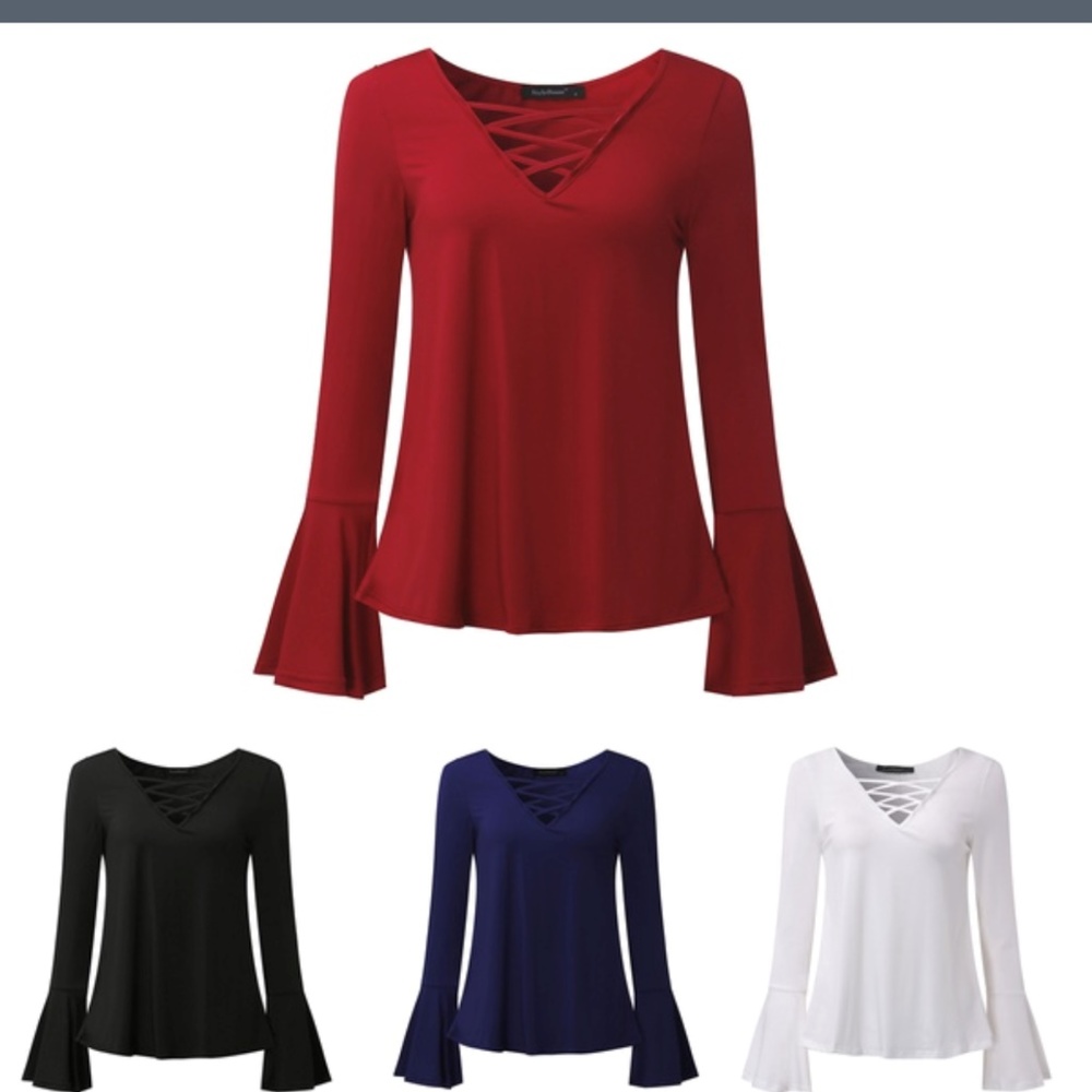 SOLD Bell Sleeve Criss Cross Black Top. - Picture 1 of 7