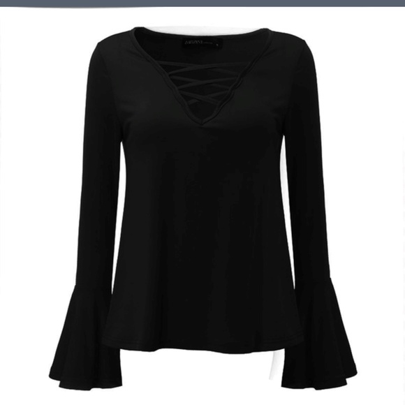 SOLD Bell Sleeve Criss Cross Black Top. - Picture 2 of 7