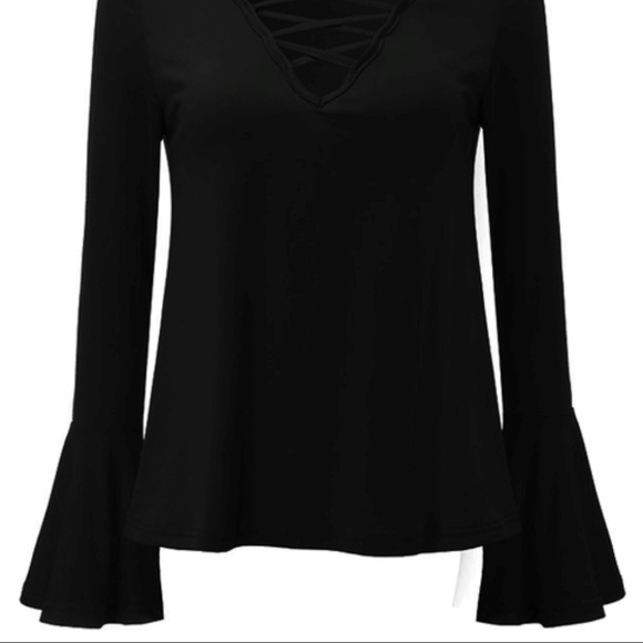 SOLD Bell Sleeve Criss Cross Black Top. - Picture 3 of 7
