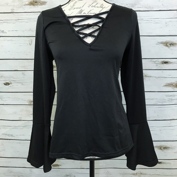 SOLD Bell Sleeve Criss Cross Black Top. - Picture 6 of 7