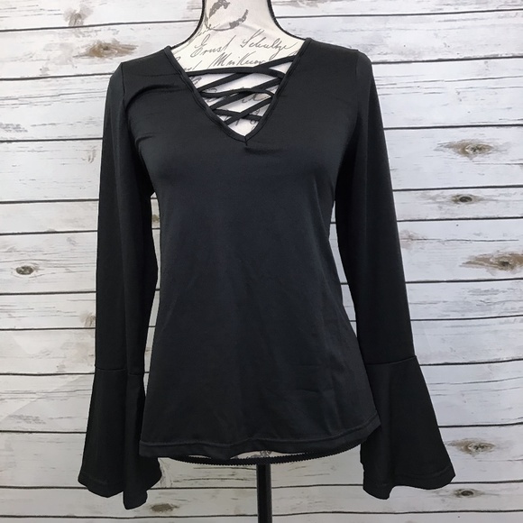 SOLD Bell Sleeve Criss Cross Black Top. - Picture 5 of 7