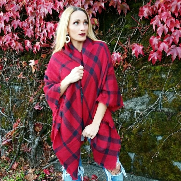 OVERSIZED BLANKET SCARF NAVY&RED - Picture 2 of 4