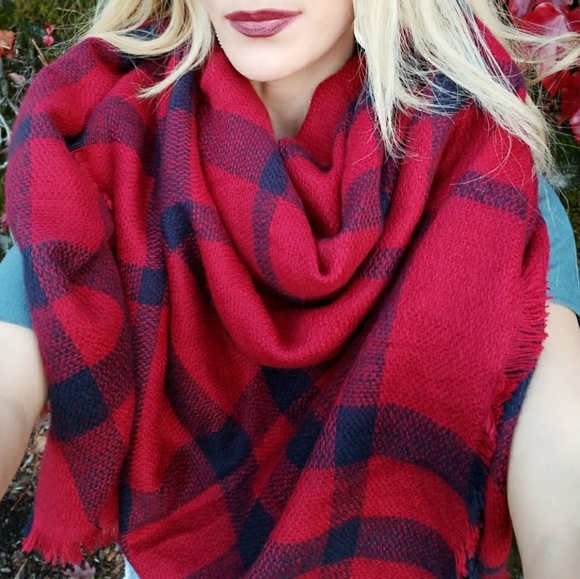 OVERSIZED BLANKET SCARF NAVY&RED - Picture 3 of 4