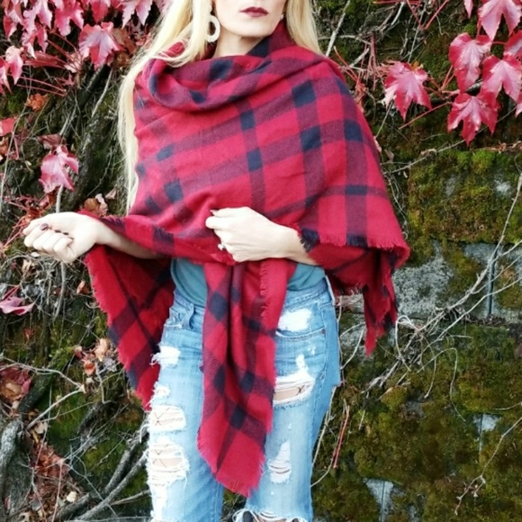 OVERSIZED BLANKET SCARF NAVY&RED - Picture 4 of 4