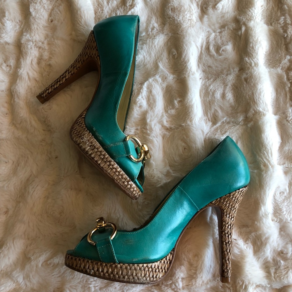 Marciano Teal Buckle Raffia Heels