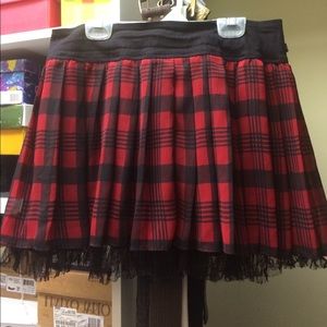 Red and Black Pleated Skirt with Lace Trim