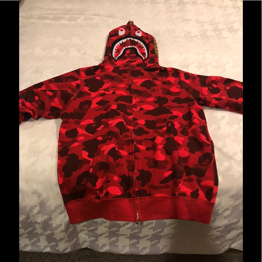 Bape red full zip shark hoodie size xl