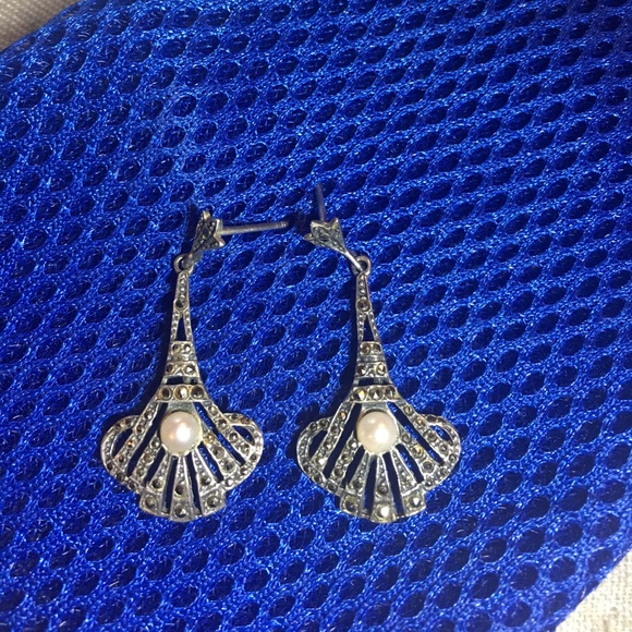 Marcasite, silver, cultured pearl antique earrings - Picture 4 of 5