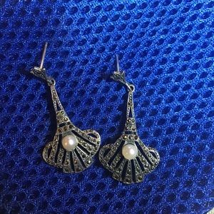 Marcasite, silver, cultured pearl antique earrings