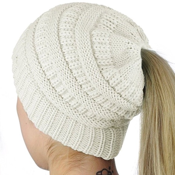LAST ONE White Cream Beanie Messy Bun Ponytail Hat - Picture 2 of 8