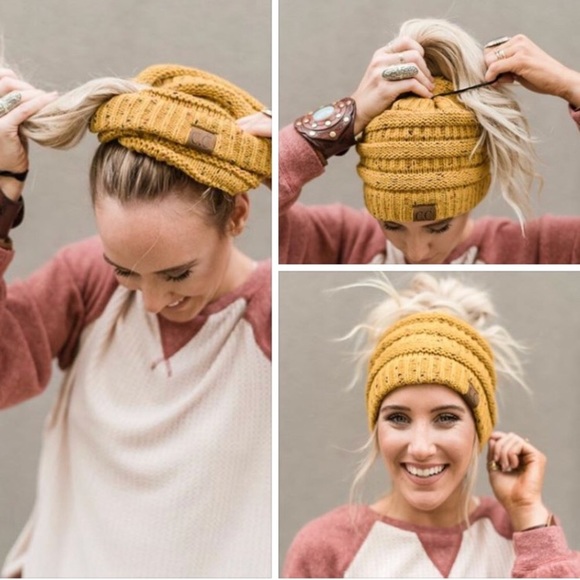 LAST ONE White Cream Beanie Messy Bun Ponytail Hat - Picture 6 of 8