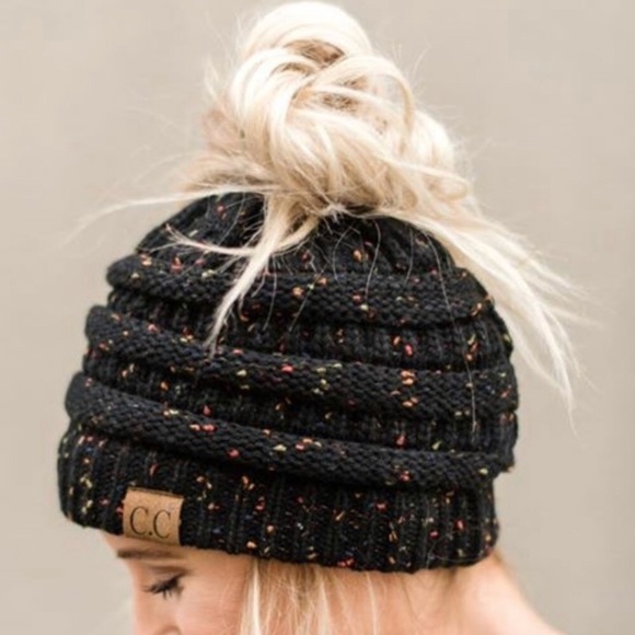 LAST ONE White Cream Beanie Messy Bun Ponytail Hat - Picture 7 of 8