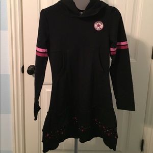 Black and pink hooded ruffled dress