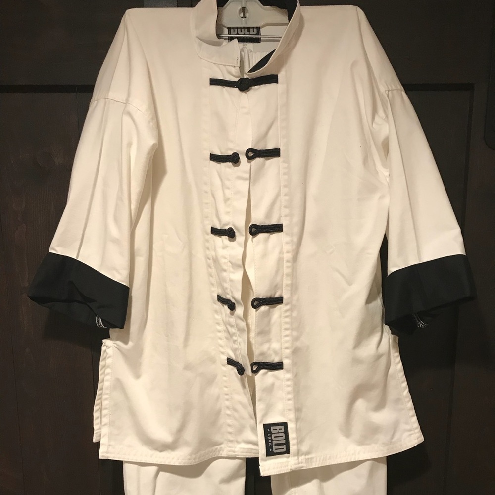 King Fu white uniform with black frog buttons