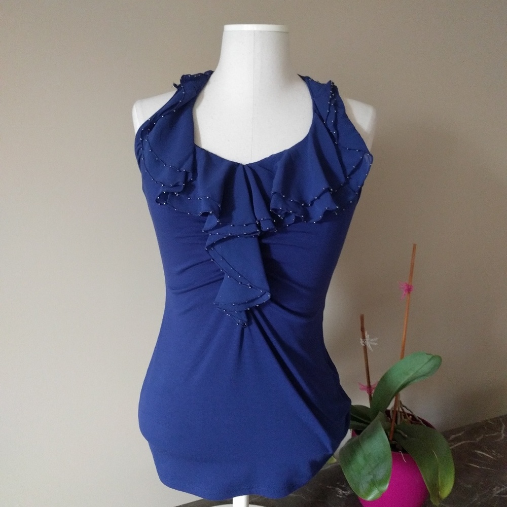 WHBM NWT Navy blue blouse ruffle front