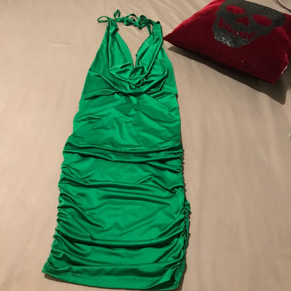 Emerald Ruched Halter Mini Dress