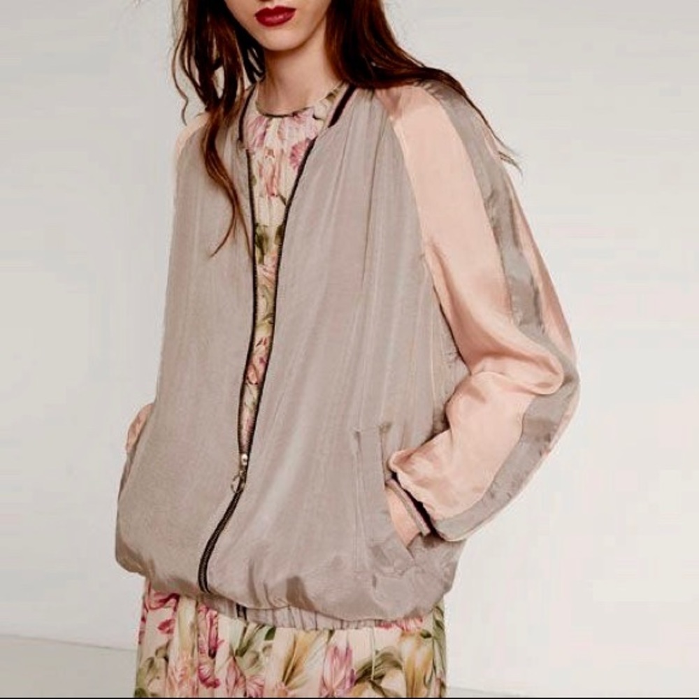 Zara oversized pink and gray bomber jacket