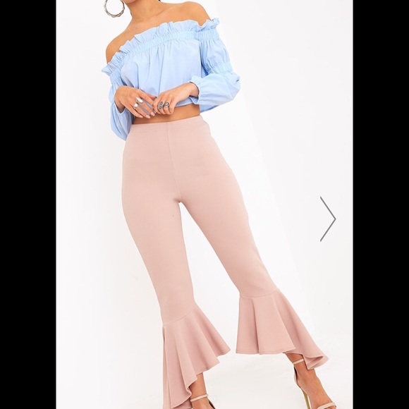 asymmetric flare hem trousers