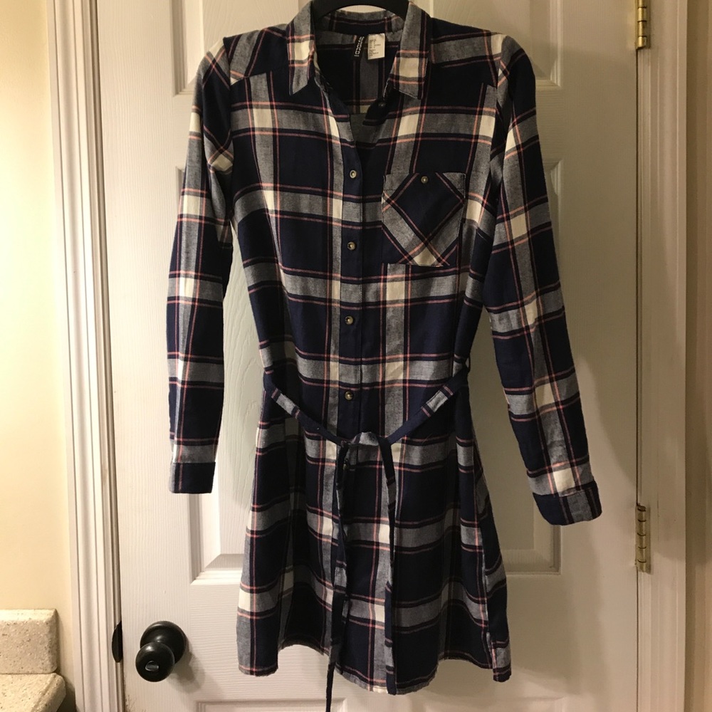 Blue pink & white button down flannel dress w/ tie