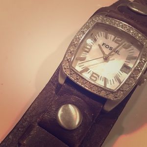 Fossil watch with pearl face and leather band