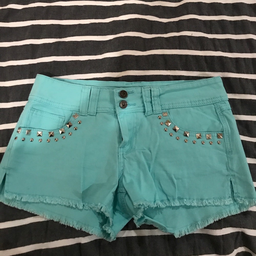 Charming Charlie Teal Frayed Shorts, Rhinestones