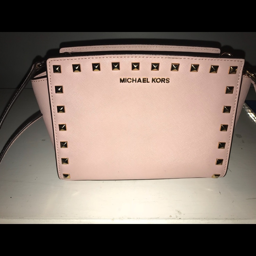 Baby pink studded satchel with wallet