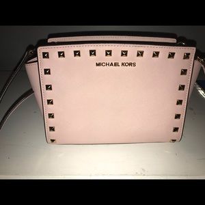 Baby pink studded satchel with wallet