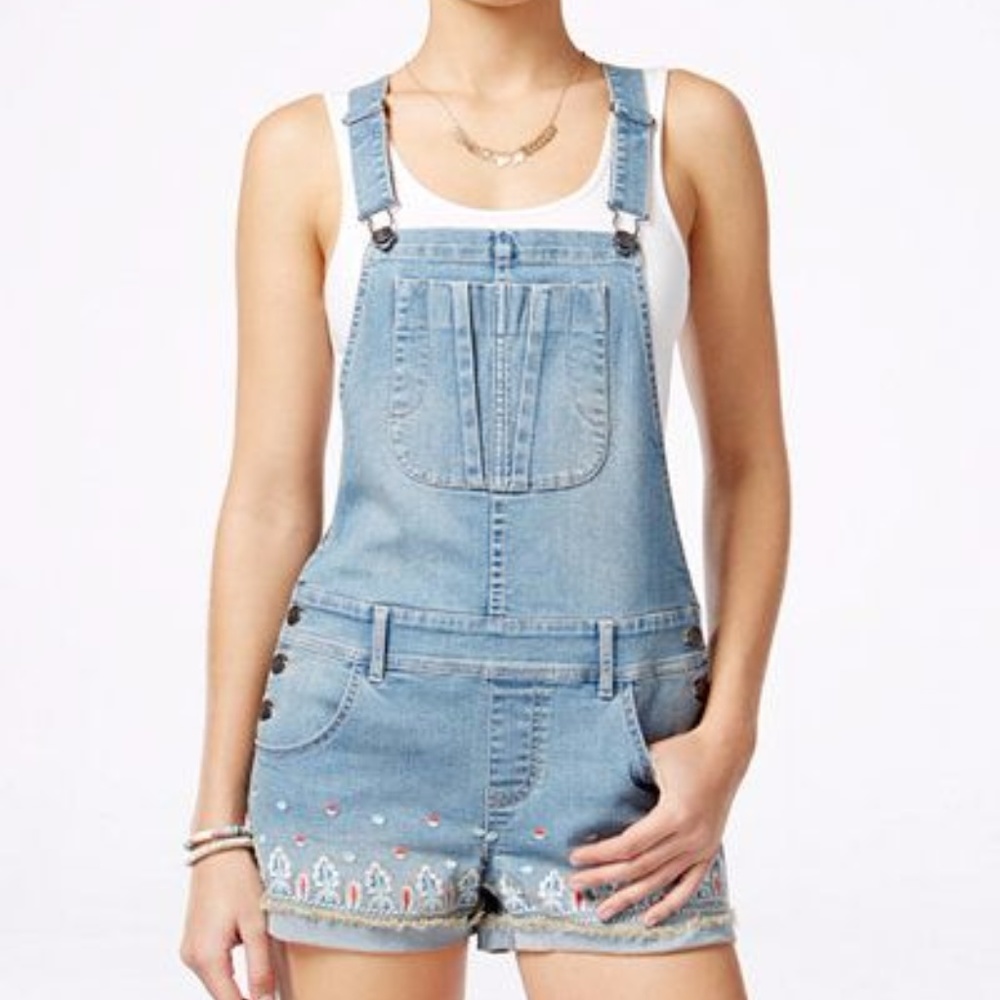 American rag overall shorts with floral designs