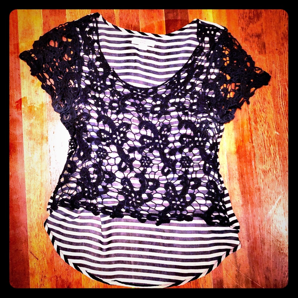 ISSI Sheer Black Lace and Striped Top 💋