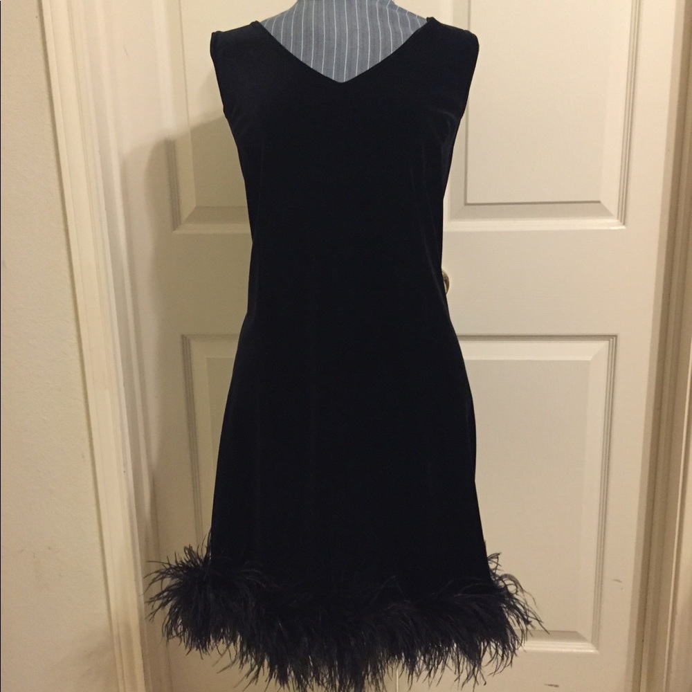 Black velvet LBD with feather trim