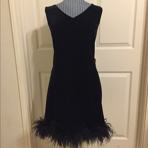 Black velvet LBD with feather trim