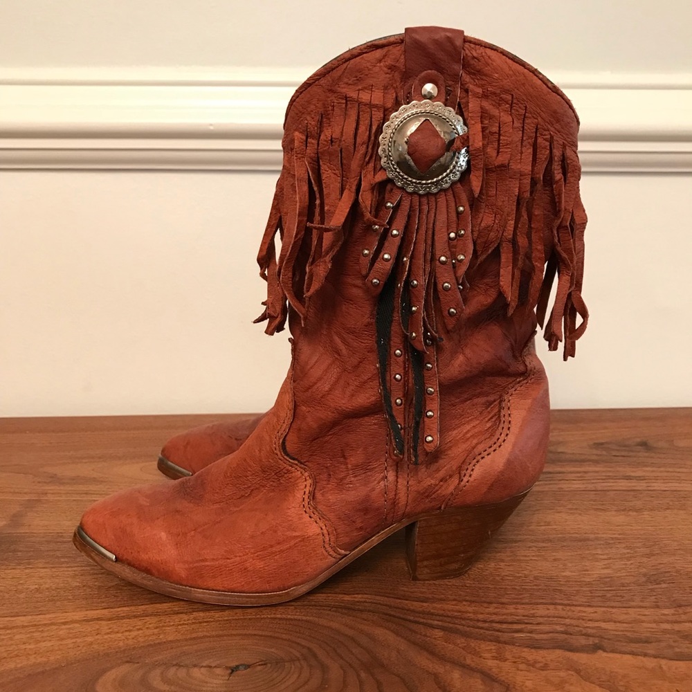 Vintage Fringe Cowboy Western Boots Cognac Leather