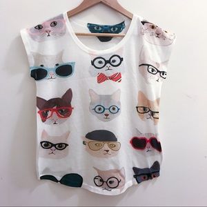 Cats wearing glasses print cap sleeve t-shirt top