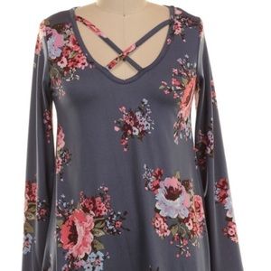Steel Blue Floral Print Tunic Top