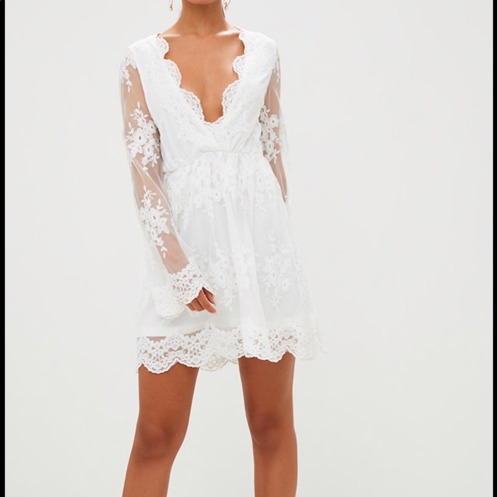 White Lace Plunge Bell Sleeve Skater Dress