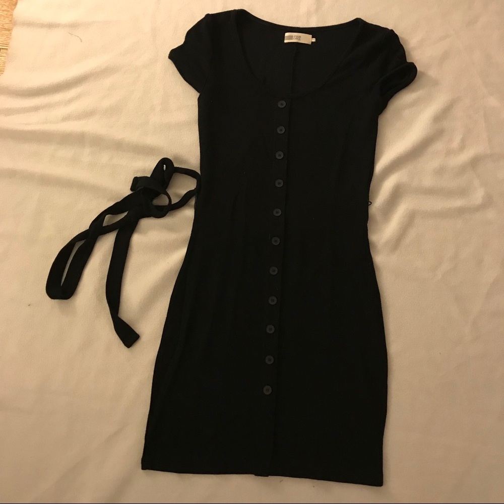 Black winter dress with belt and faux buttons