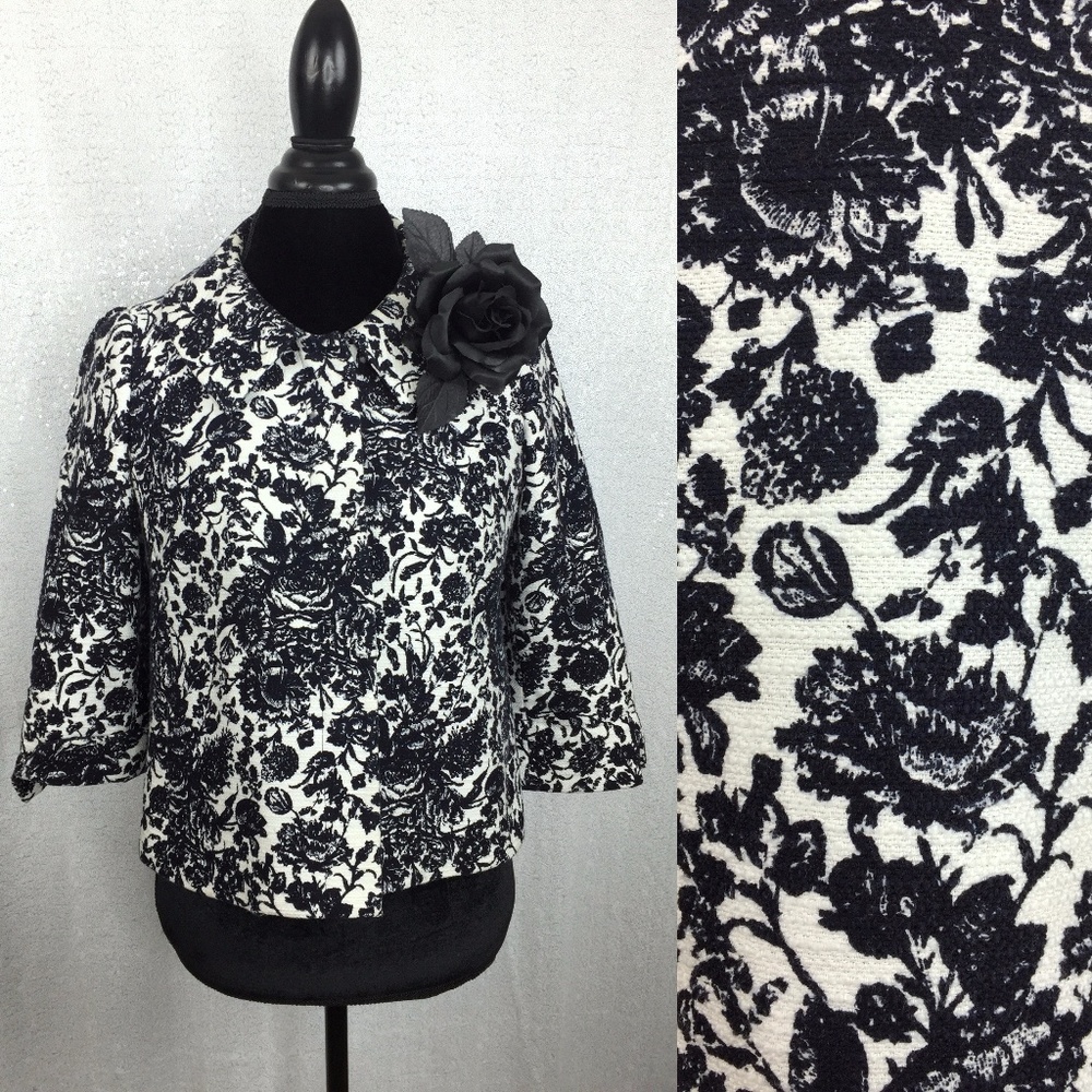 Retro Navy & White Floral Print Cropped Coat