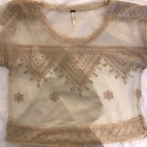 Free people sheer top with brown embellishment