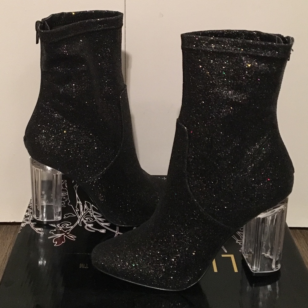 Glitter Booties with lucite heel by Liliana!
