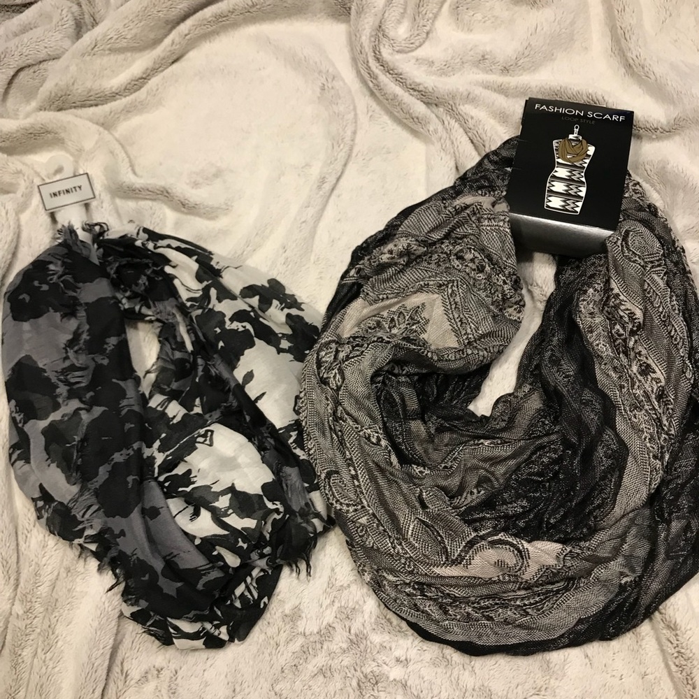 NWT— 2 New Black and White Infinity Scarves