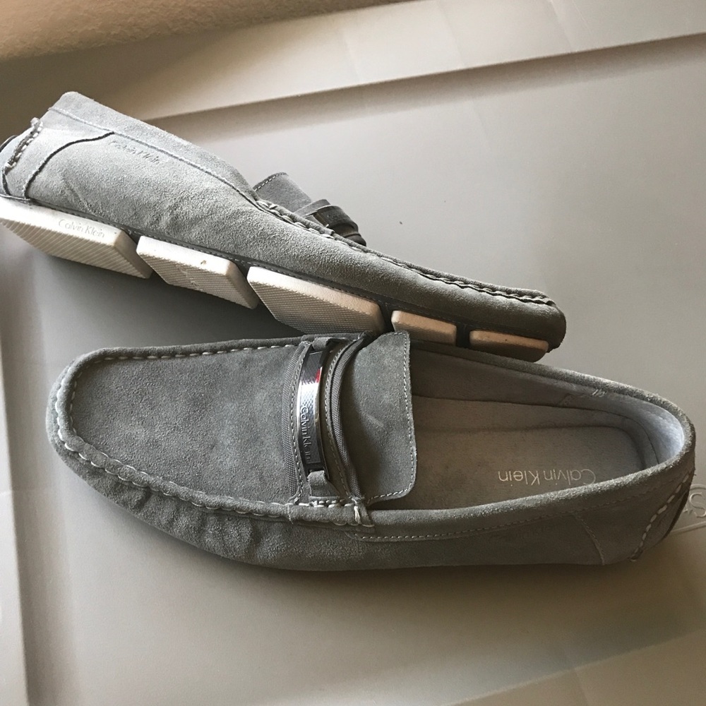 Gray suede Calvin Klein loafers
