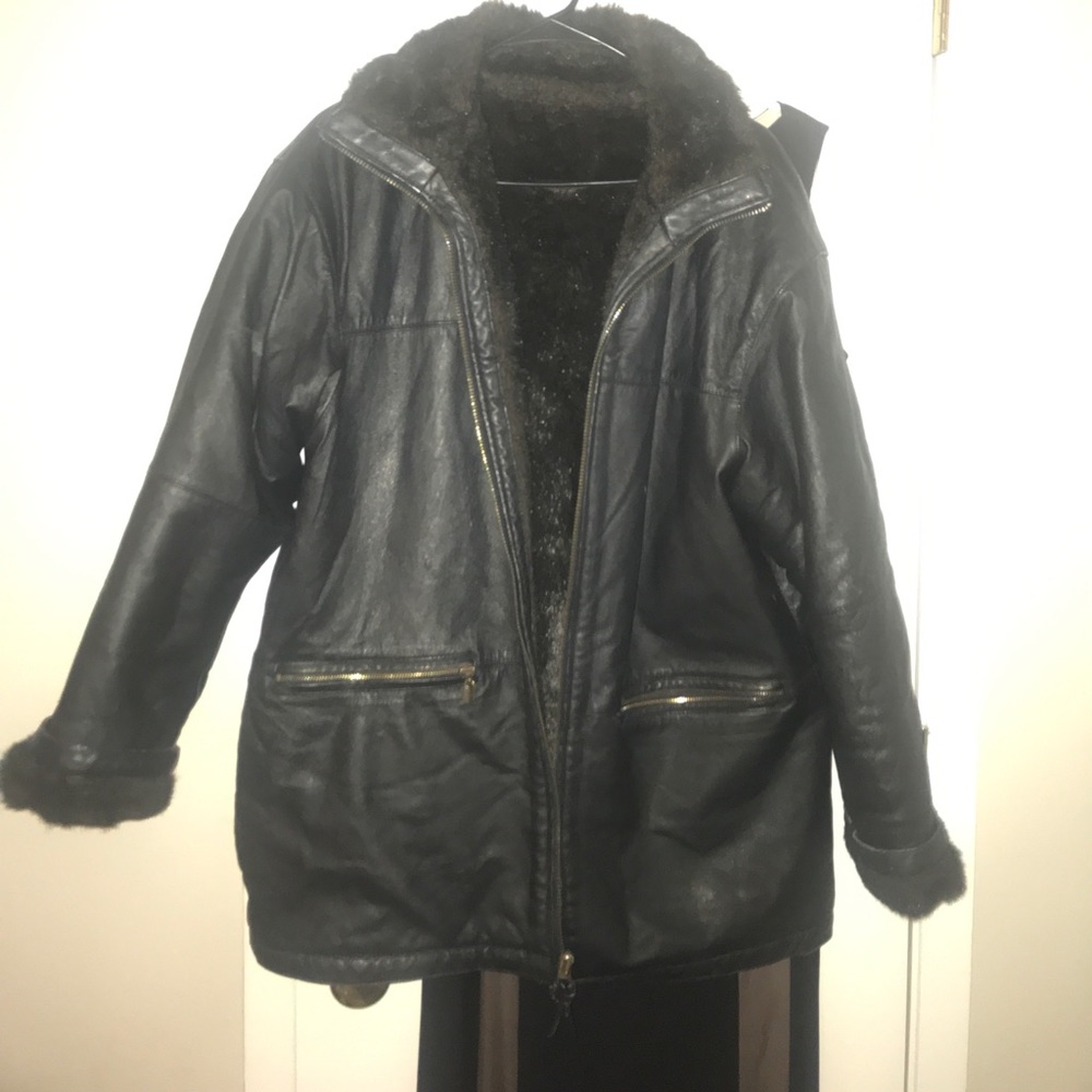 Heavy duty warm black leather coat