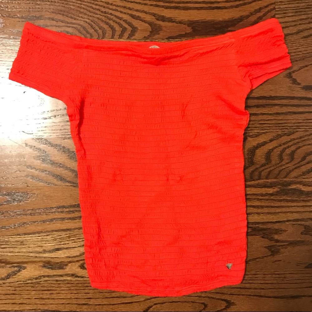 Guess off the shoulder scrunched top in coral