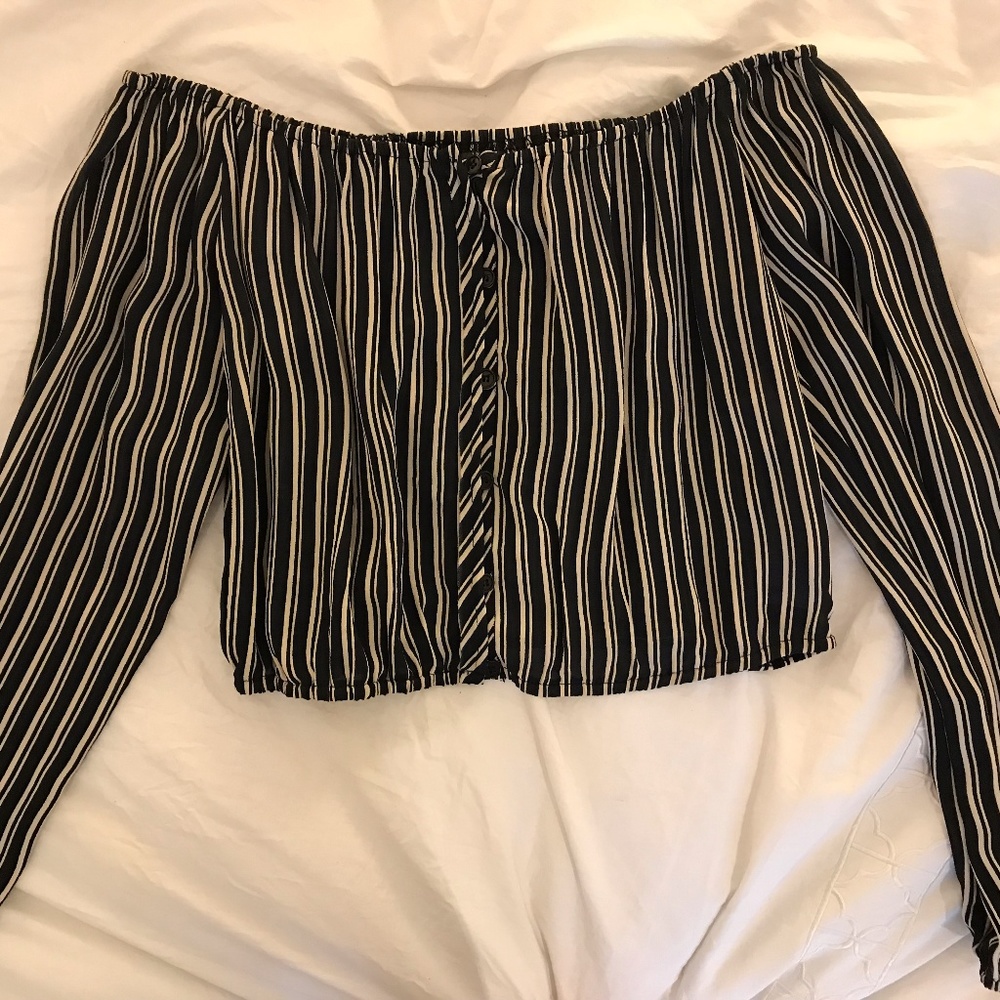 Reformation off-the-shoulder white stripe top