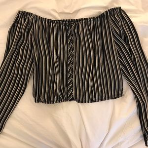 Reformation off-the-shoulder white stripe top