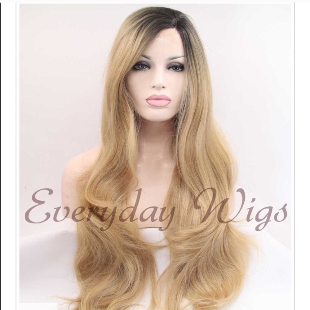Honey blonde ombré dark roots long lace front wig