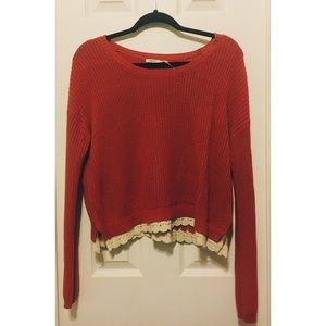 Kimchi Blue Red Cropped Sweater w Lace Trim