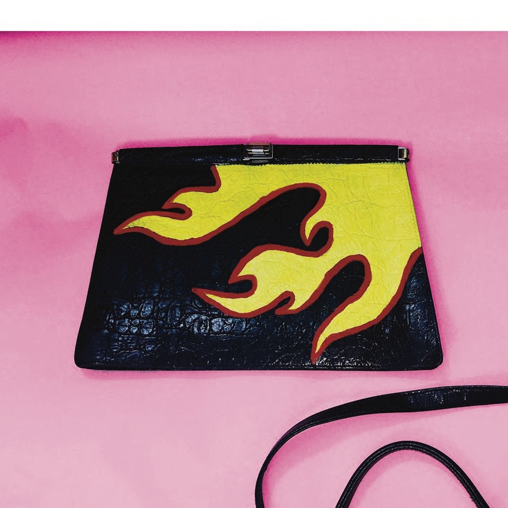 Vintage leather clutch with hand painted flame