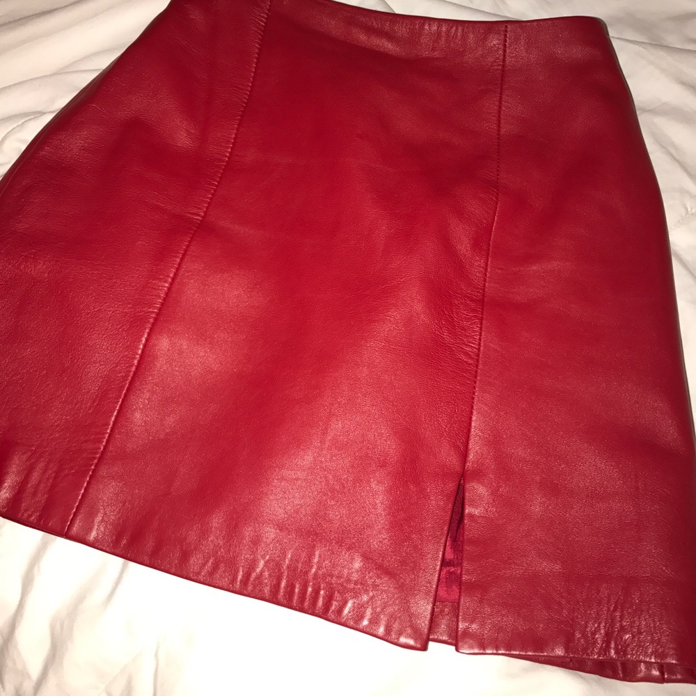 Red leather mini skirt
