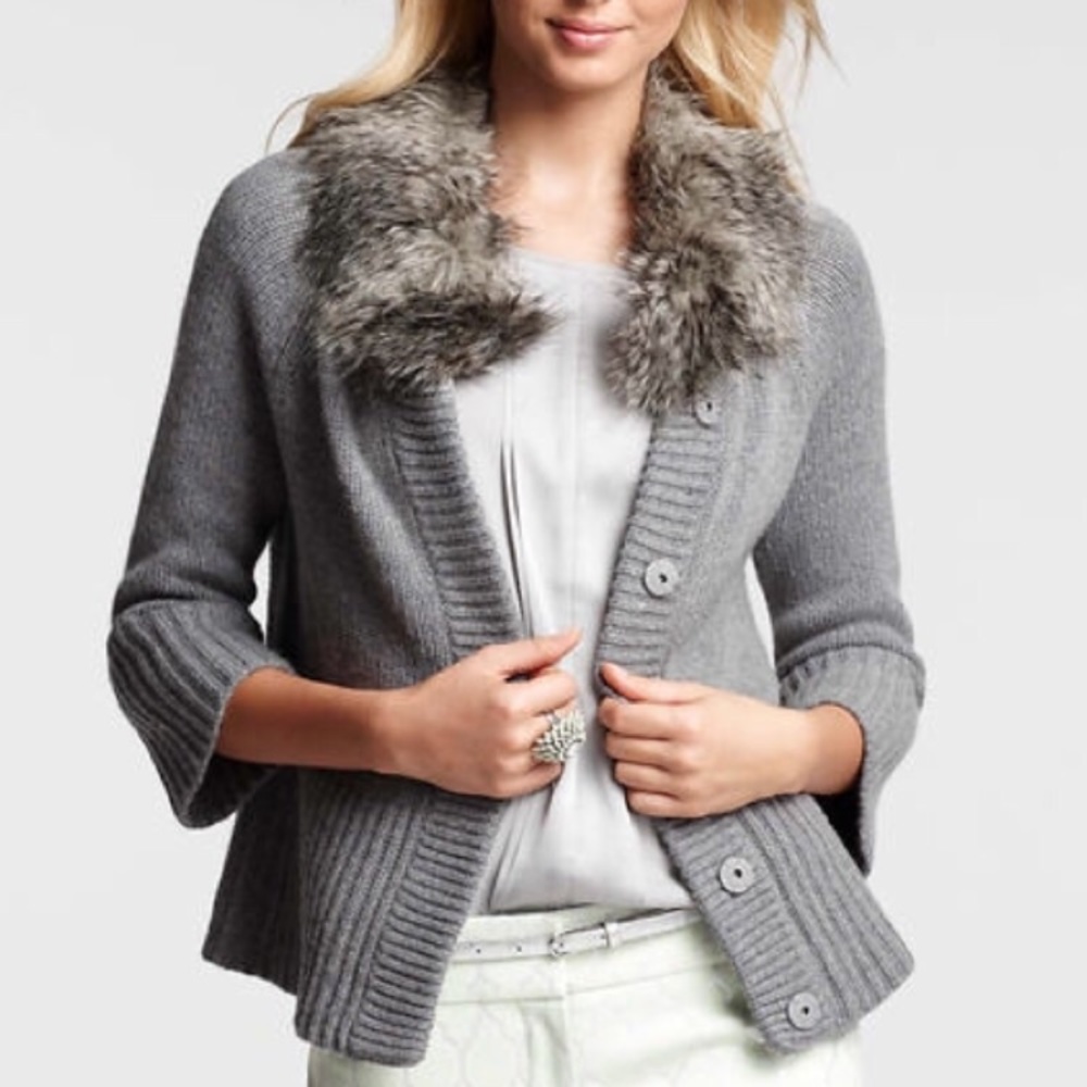 Ann Taylor Faux Fur Collar Sweater Jacket M
